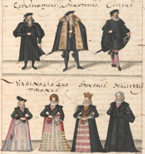 Men’s and women’s traditional clothing in early 17th-century Zurich. Illustration from Johann Heinrich Waser’s Itinerarium, 1621-1630.