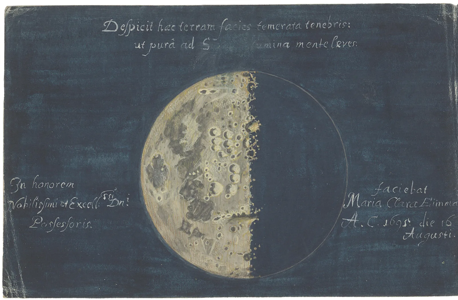 Die Zeichnung eines Halbmondes in dessen Stammbuch offenbart Eimmarts wissenschaftlichen Blick auf die Mondoberfläche, 1691–1699.