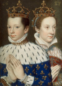 Marie Stuart et son époux, le roi de France François II. Miniature tirée des Heures de Catherine de Médicis, vers 1573.