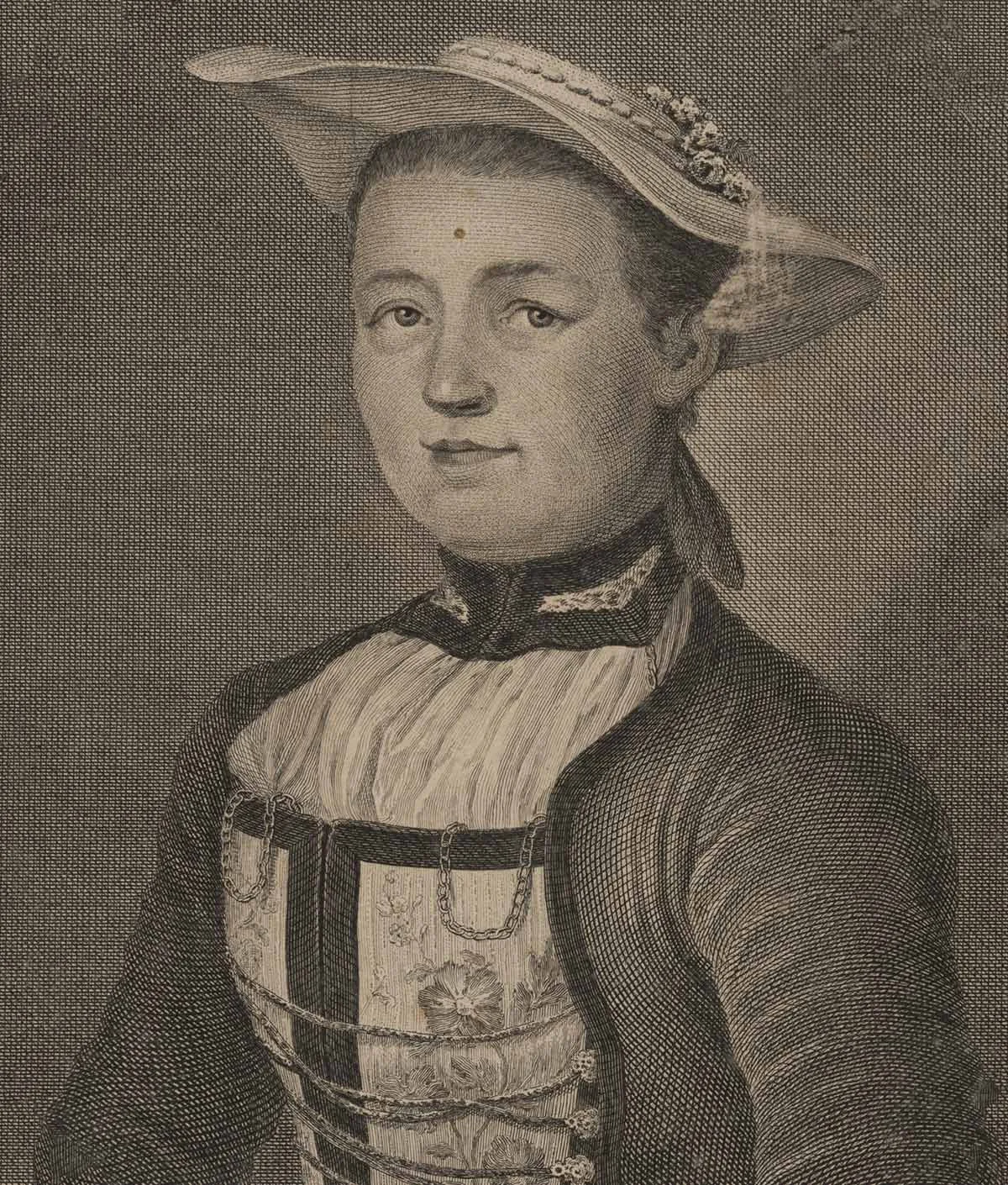 Marie Flückiger auf einer Druckgrafik von 1774.