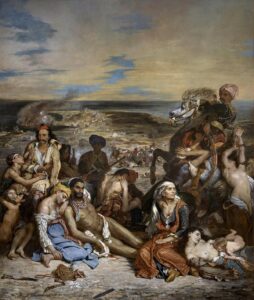 Icône de la révolte grecque contre l’Empire ottoman, le tableau d’Eugène Delacroix a pour thème le massacre sur l’île égéenne de Chios à Pâques 1822, qui coûta la vie à presque toute la population de l’île et ébranla toute l’Europe.
