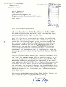 Letter from Duke Max in Bavaria to Federal Councillor Hans Hürlimann, 1978.