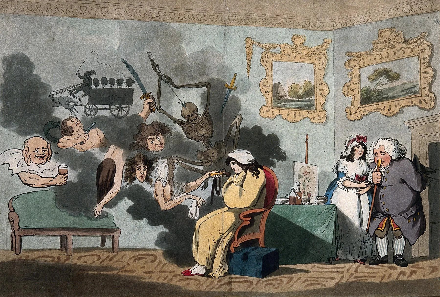 Eine niedergeschlagene Person wird von düsteren Geistern gequält. Druck aus dem Jahr 1788.