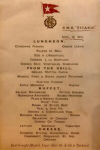 Carte du menu de midi de la première classe du 14 avril 1912.