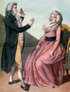 A mesmerism session captured on a 1794 graphic print.