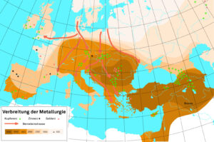 Verbreitung von Techniken der Metallurgie in einem Zeitraum von 3800 v. Chr. bis in die Bronzezeit (2200 bis 800 v. Chr.).