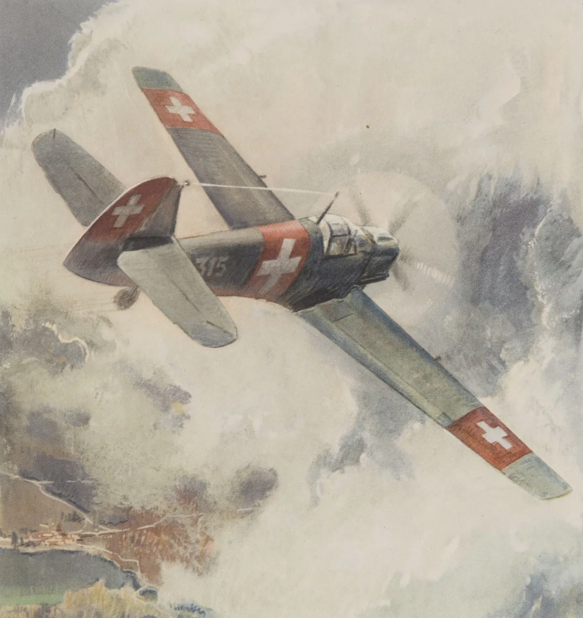 Lithografie eines Militärflugzeugs, um 1930.