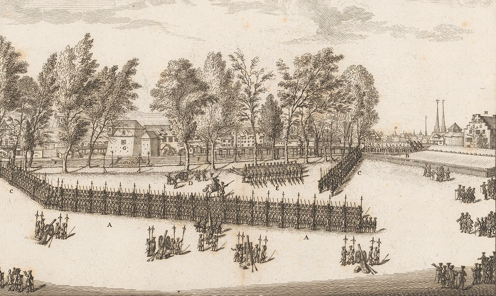 Militärische Übung auf dem Platzspitz in Zürich, 1758.