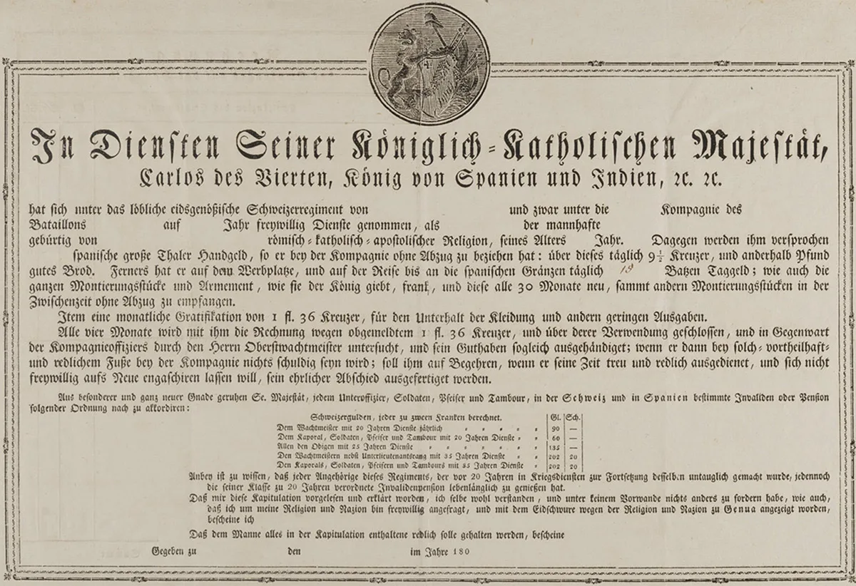 Ein Beispiel einer Militärkapitulation für Schweizerregimenter in spanischen Diensten unter König Karl IV. nach 1800.