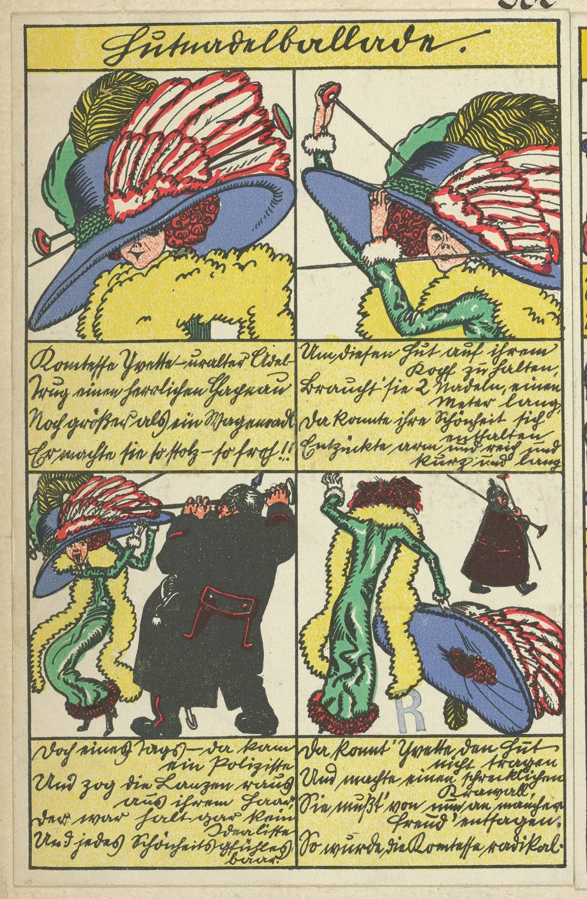Eine ärgerliche Situation für Polizist und Hutträgerin zugleich schildert Moritz Jungs Karikatur «Hutnadelballade» von 1911, in welcher die spitzen Hutnadeln einer adeligen Dame konfisziert werden. Ohne Hut in der Öffentlichkeit gesehen zu werden war ein absolutes «No-Go».