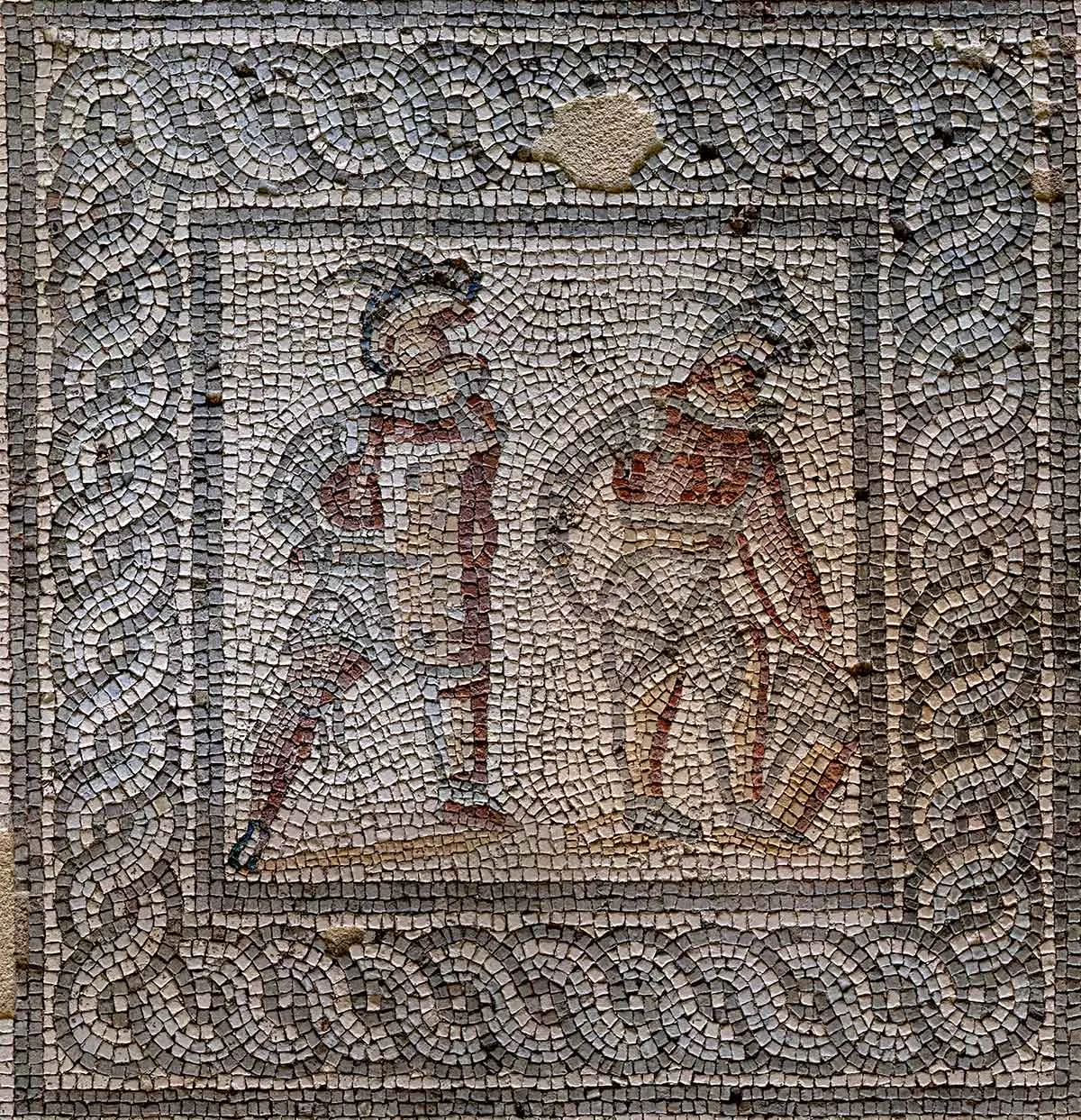 Gladiator mosaic from Augusta Raurica dating back to the 3rd century CE.