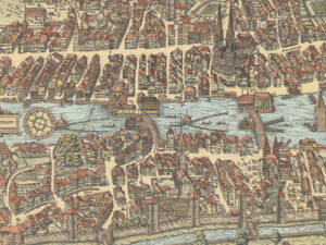 La ville de Zurich vers 1576, sur la carte dite du Murerplan du cartographe zurichois Jos Murer, colorisée.