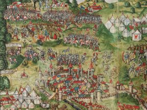Schlacht bei Murten. Die Abbildung (Ausschnitt) aus der Luzerner Schilling-Chronik beruht auf der grossen Schlachtdarstellung von 1480 im Freiburger Rathaus.