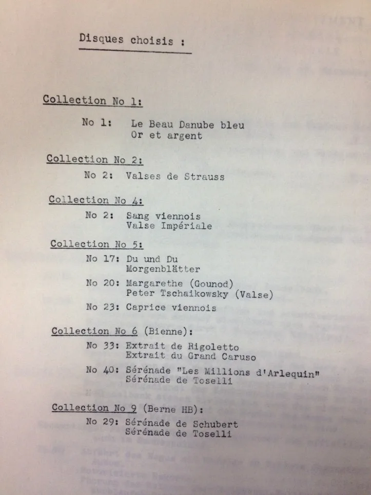 Von der Betriebsabteilung der Generaldirektion der Schweizerischen Bundesbahnen zusammengestellt: Die Liste mit der Musikauswahl den roten «Doppelpfeil»-Sonderzug.
