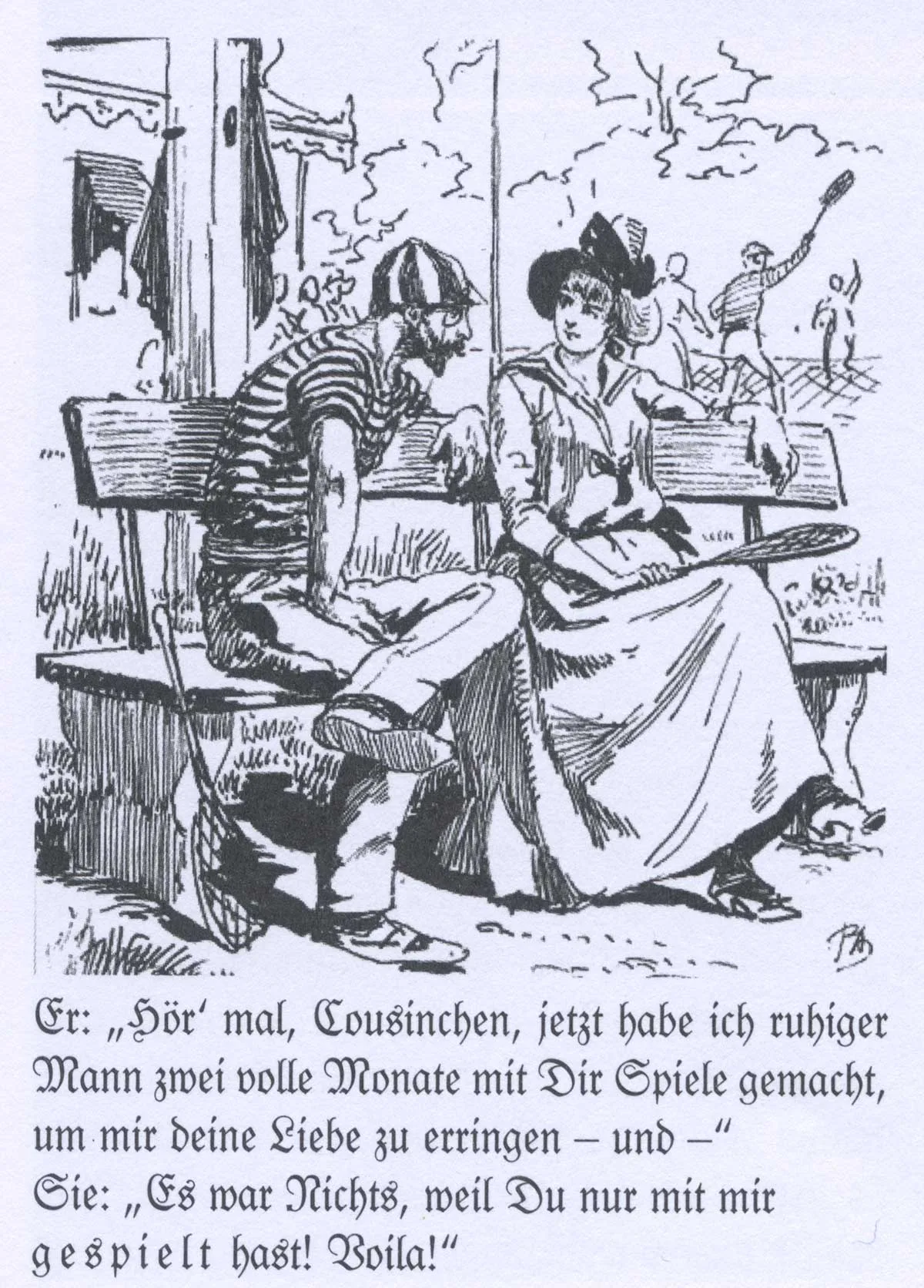 Karikatur zum Flirtsport Tennis im Nebelspalter, 1888.