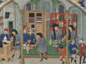 Sur un marché au XVe siècle: il n’y avait pas de mesures uniformes, mais un enchevêtrement de mesures différentes. Illustration d’une scène de marché dans un manuscrit de Nicolas Oresme, vers 1453.