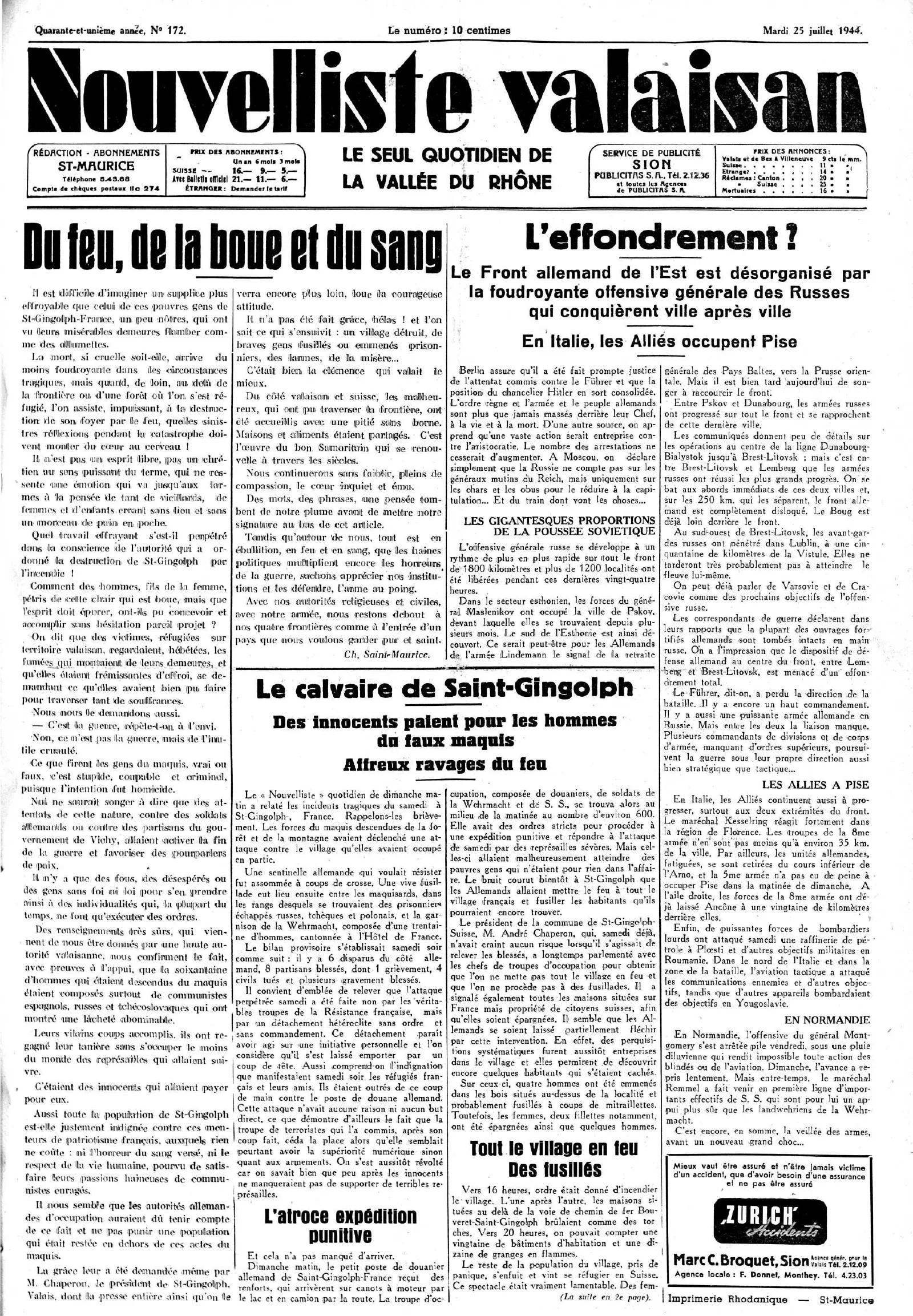 Artikel über die Zerstörung des französischen St-Gingolph durch die SS am 25. Juli 1944.