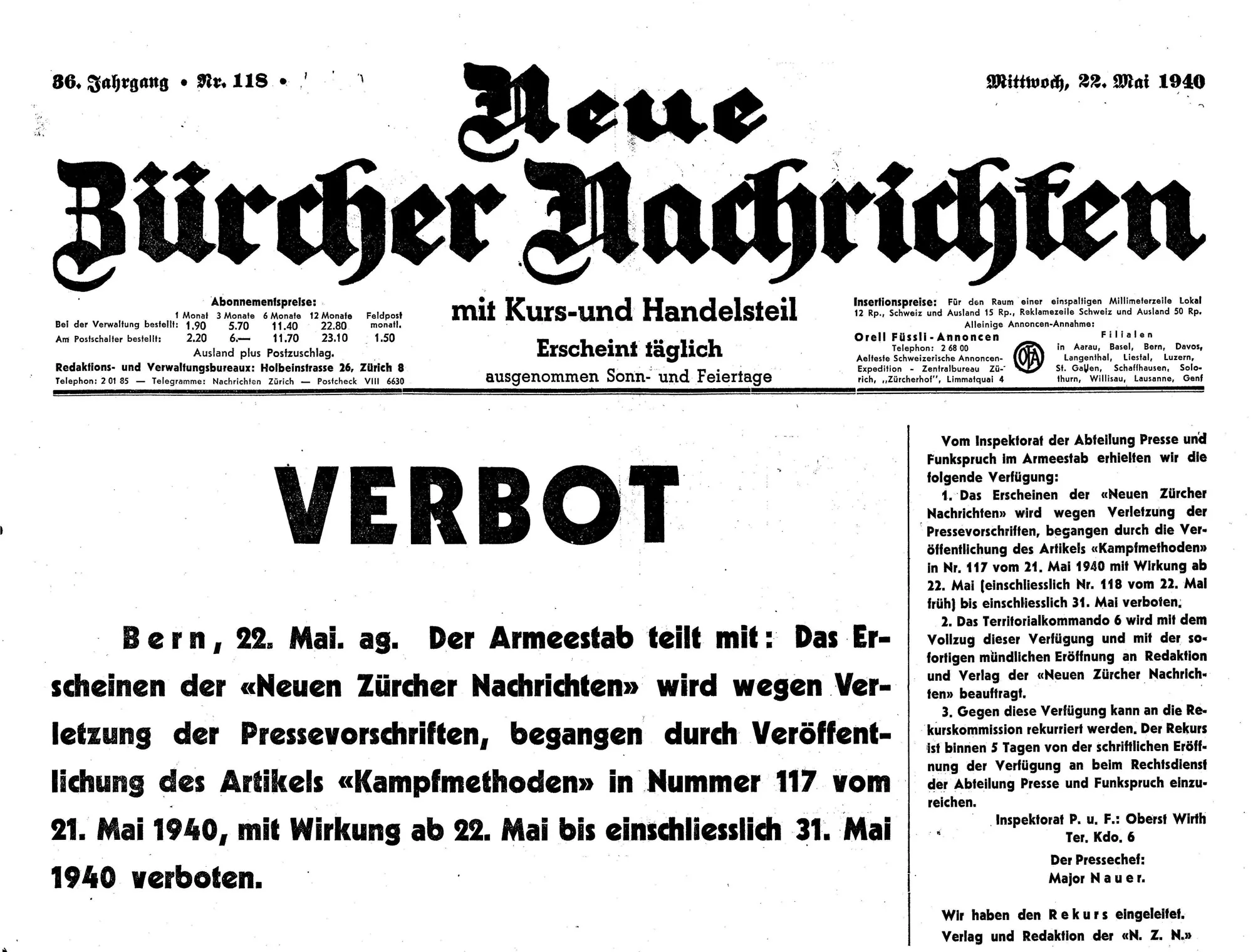Die Neuen Zürcher Nachrichten geben ihre vorübergehende Einstellung bekannt.