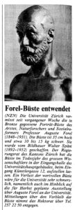 Le journal Neue Zürcher Nachrichten rapporta la disparition du buste dans un article publié le 31 mai 1986. Le «signalement» était toutefois imprécis...