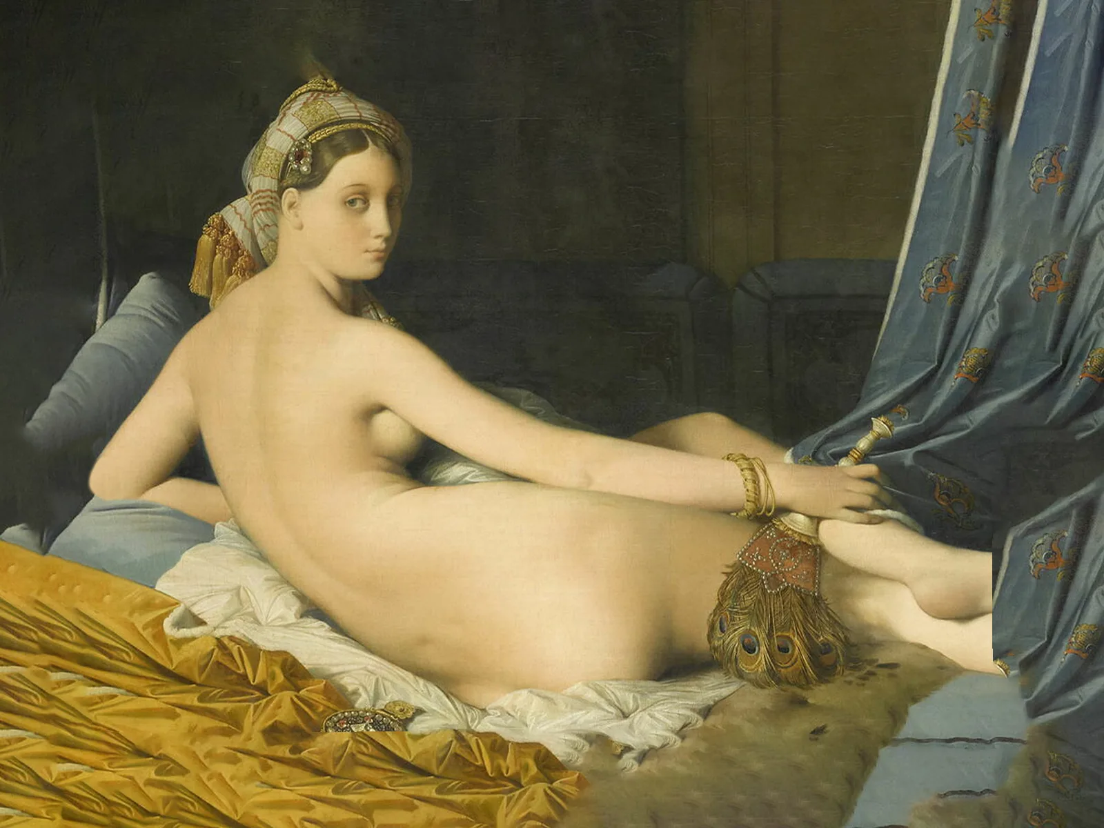 «Die grosse Odaliske» trägt nichts ausser Schmuck, Turban und einen reich verzierten Fächer aus Pfauenfedern, wie ihn schon die Ägypter kannten. Orientalistisches Gemälde von Jean-Auguste-Dominique Ingres, 1814.