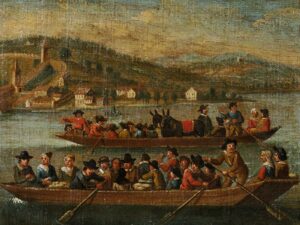 Protestant families from Locarno fleeing across Lake Zurich, panel painting from the 17th century.