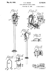 Schematische Darstellung der von Carlton Cole Magee zum Patent angemeldeten Parkuhr, 1935. U.S. Patent and Trademark Office