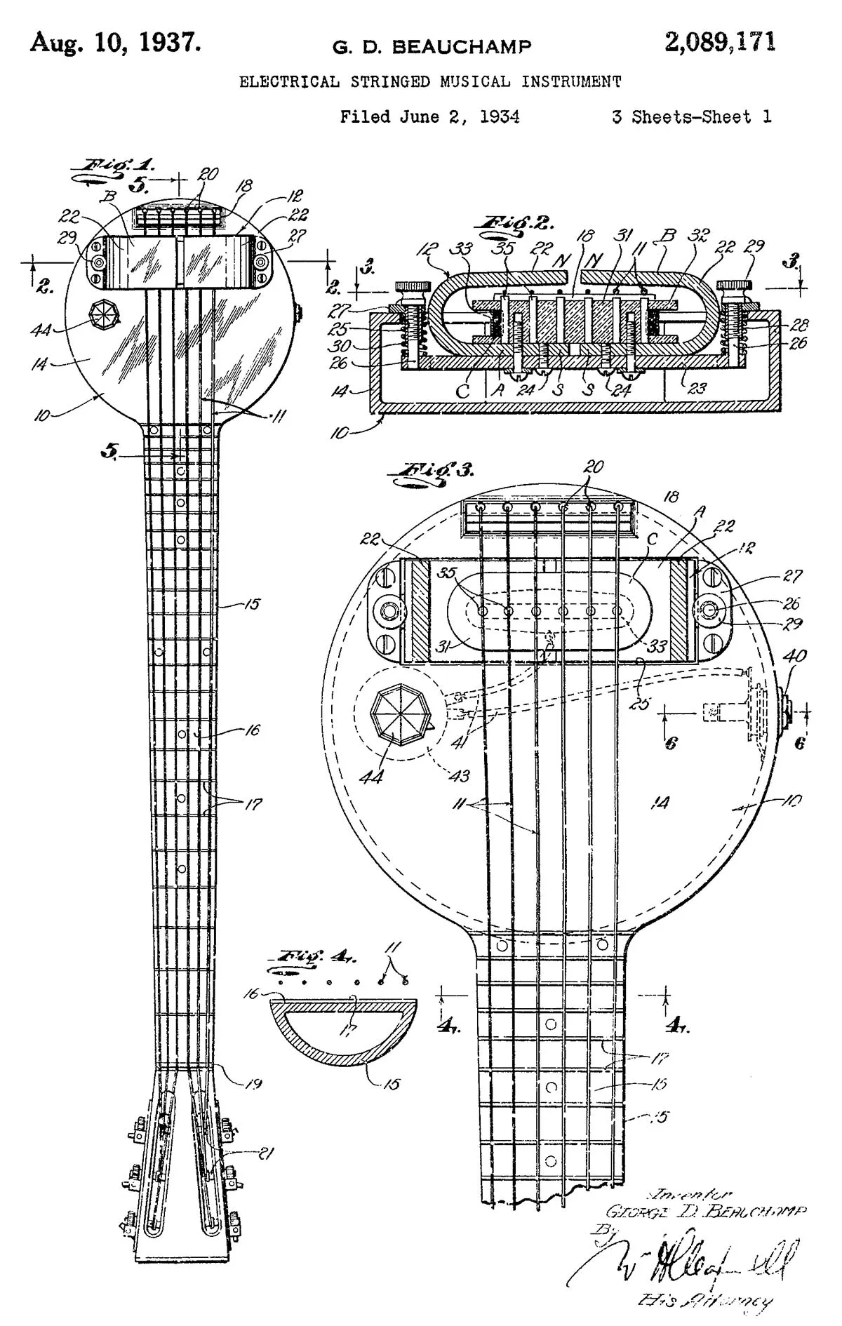 Patent für die Frying-Pan-Gitarre mit dem von Beauchamp entwickelten Pick-up.