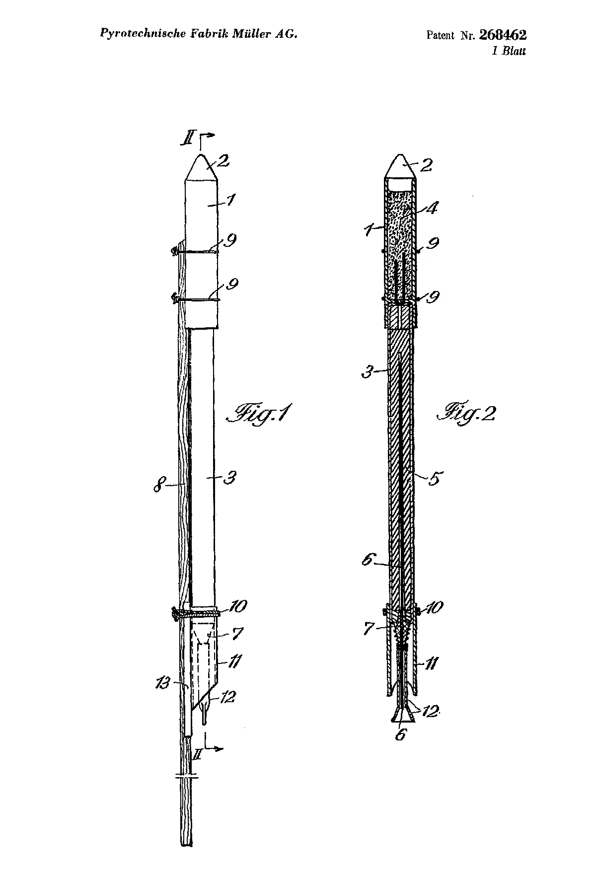 Skizze aus Müllers Patentantrag für seine Hagelrakete, eingereicht im Januar 1950.