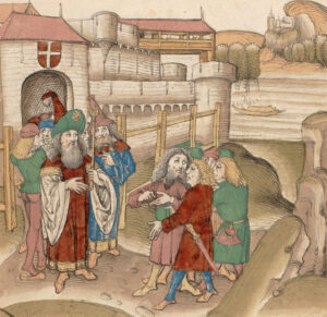 The ambassadors are received in front of Chillon Castle by Peter II and his entourage.