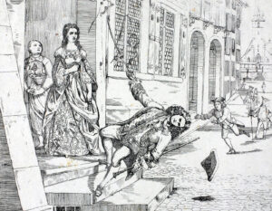 Peter Julius von Sury drops dead in front of the house of Anton Besenval's mother, Gertrud von Besenval. Engraving from around 1858.