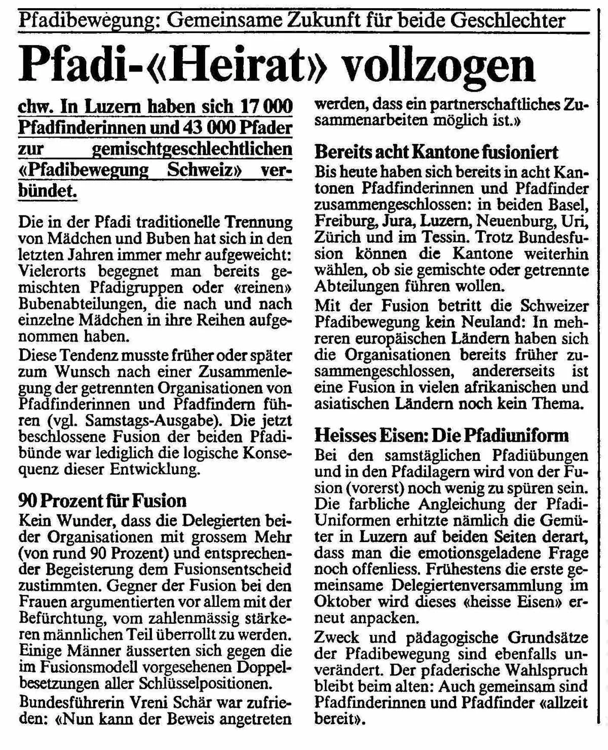 The Scouts and the Guides: a successful marriage. Article in Der Bund newspaper from May 1987.