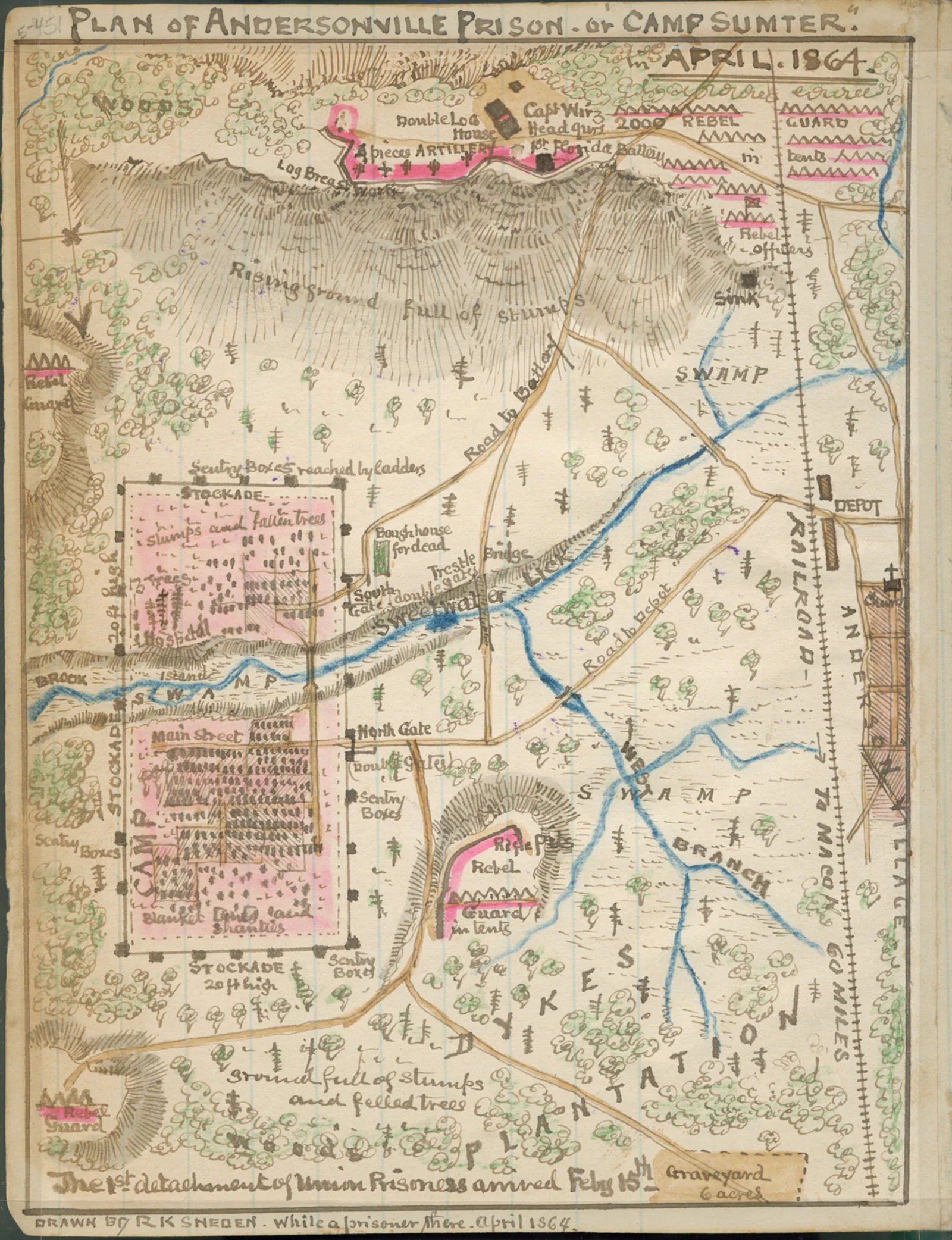 Plan des Gefangenenlagers in Andersonville bei Fort Sumter im April 1864.