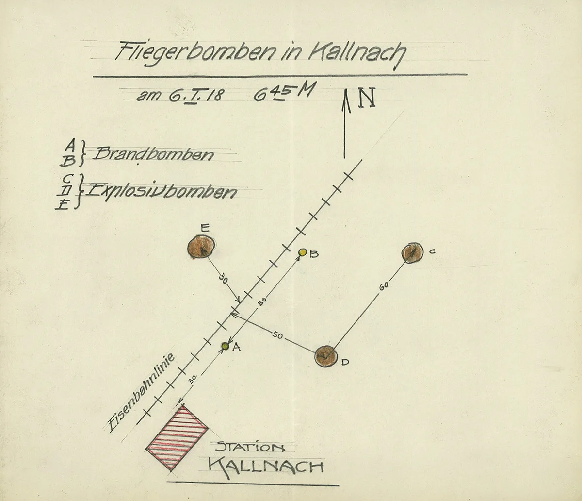 Plan der Bombenabwürfe in Kallnach.