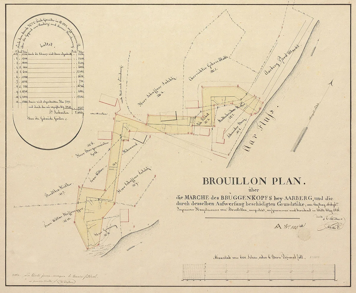 Plan der «ersten eidgenössischen Befestigung» von Aarberg aus dem Jahr 1815.