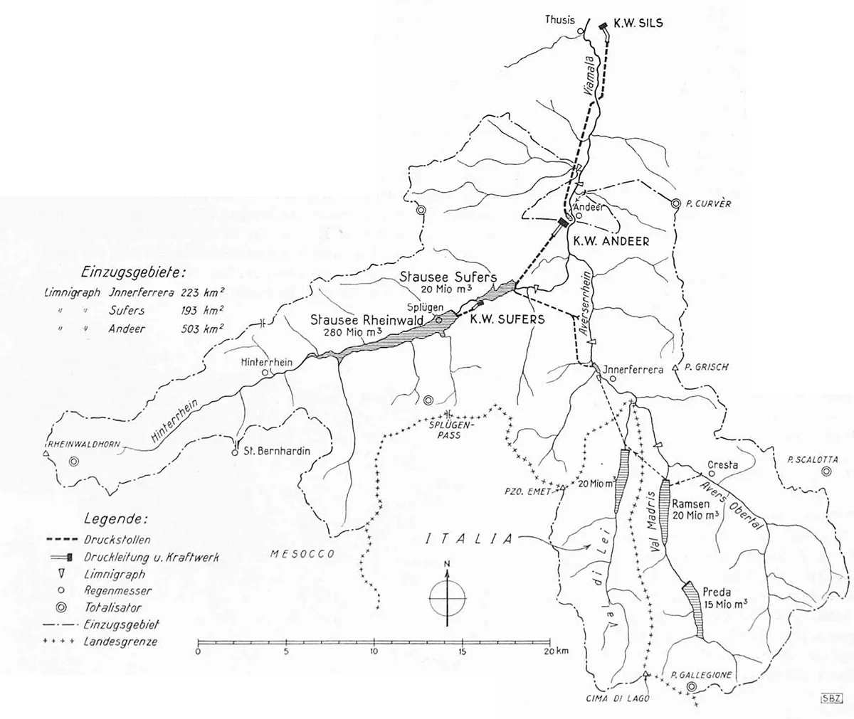 Der geplante Rheinwald-Stausee hätte das Dorf Splügen unter Wasser gesetzt. Das zeigt der Plan von 1942.