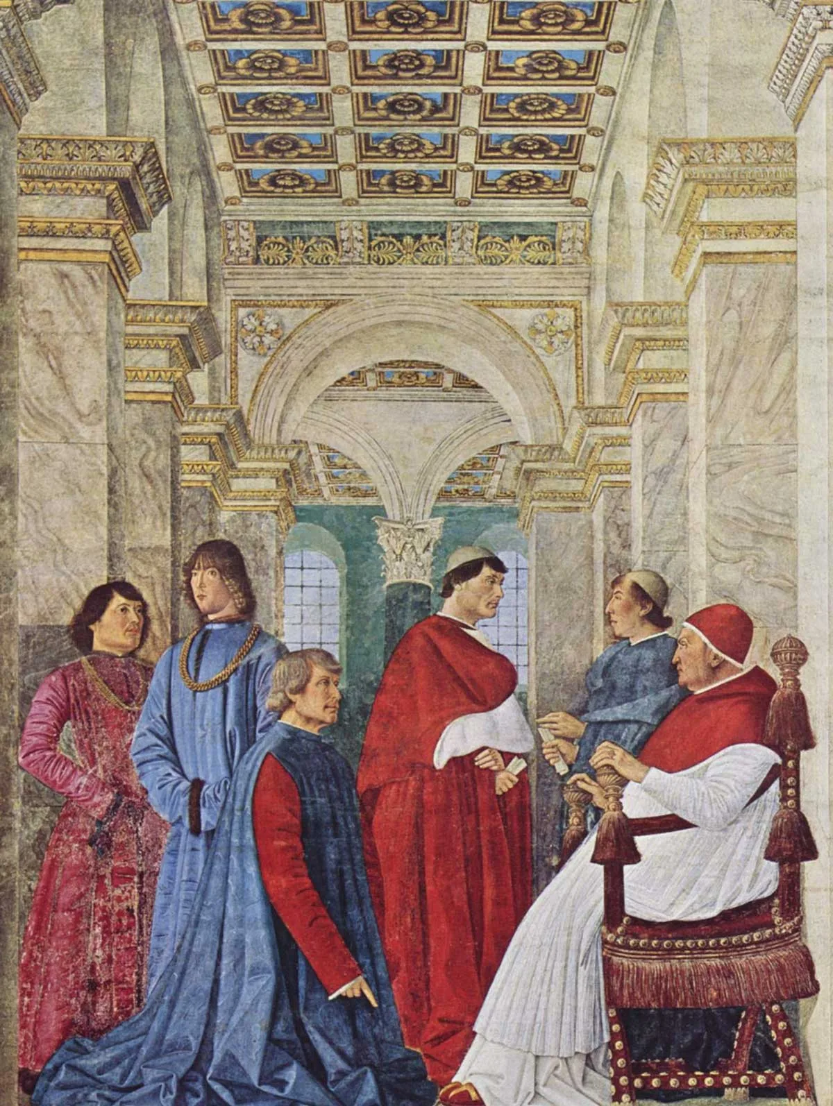 Platinà kniend vor Papst Sixtus IV. Das Gemälde wurde von Melozzo da Forlì um 1477 erschaffen.