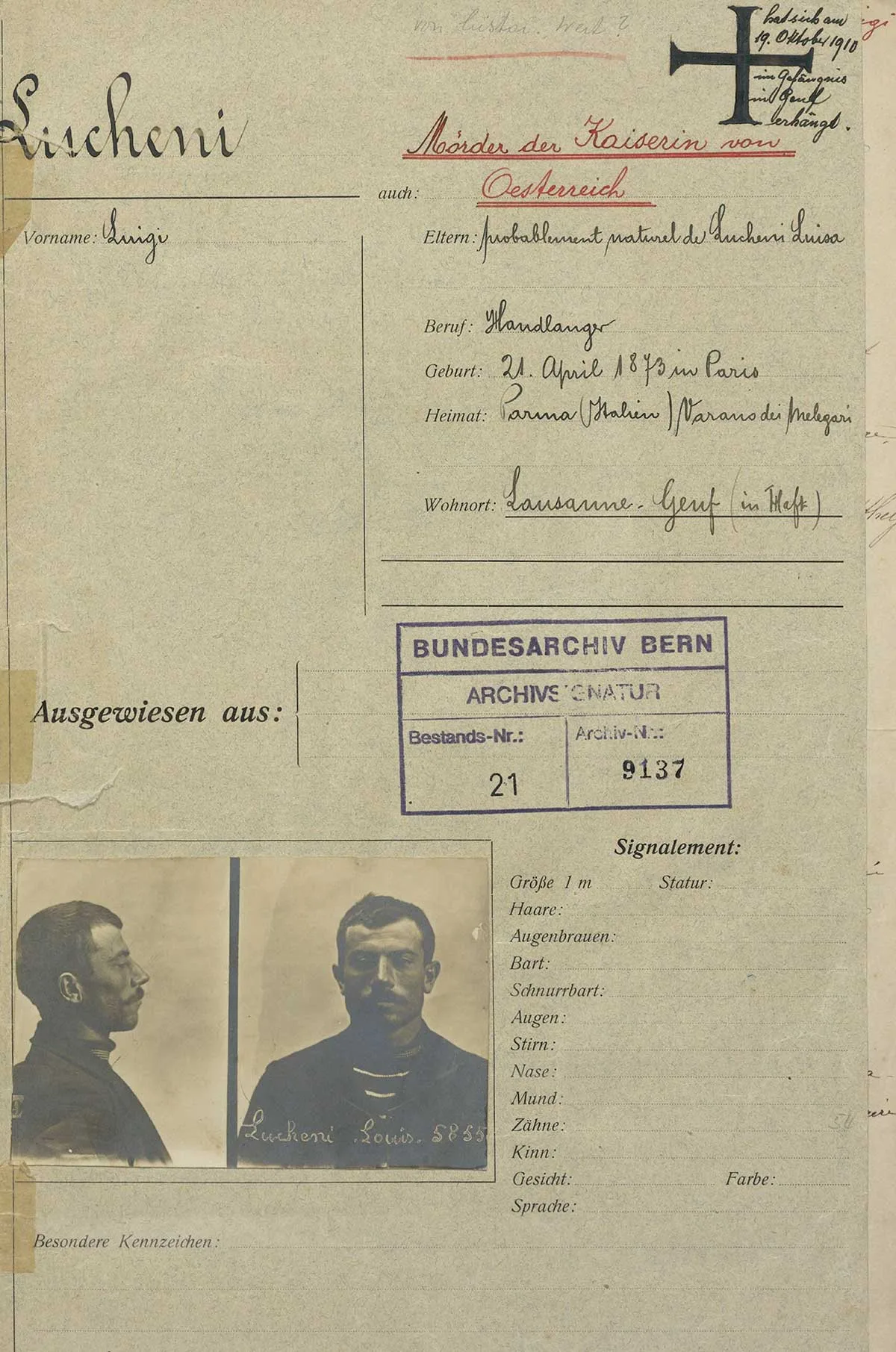 Deckblatt der Polizeiakte von Luigi Lucheni.