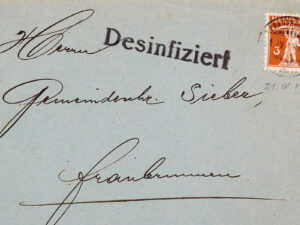 La fièvre aphteuse sévit à Fraubrunnen (BE) en 1919-1920, justifiant la désinfection de la lettre «contaminée» représentée ici.
