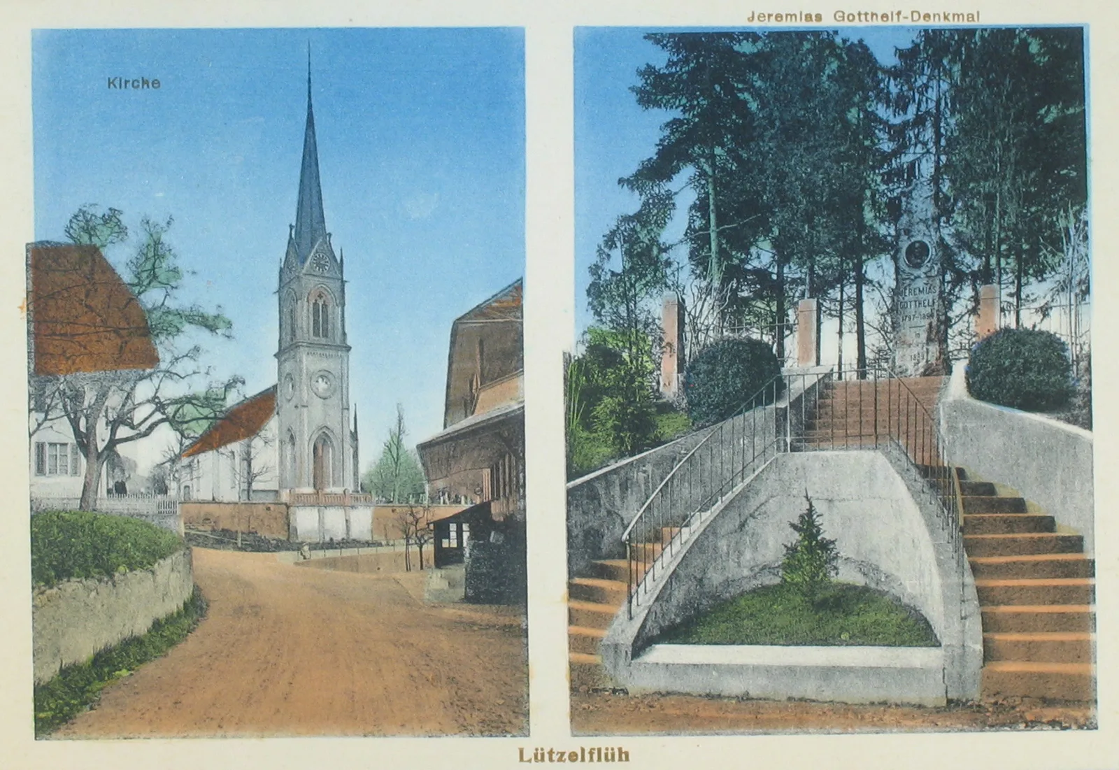 Kirche und Jeremias Gotthelf-Denkmal in Lützelflüh auf einer Postkarte um 1919.