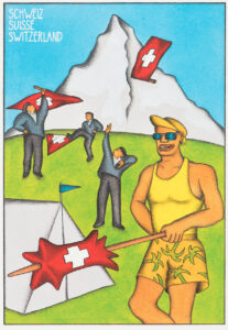 Postcard showing touristic subjects such as flag-throwers, Cervelat and the Matterhorn, 1990.