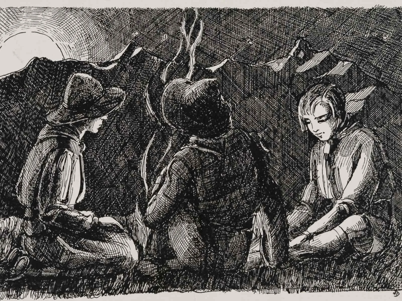 Postcard ‘Am Lagerfeuer’ (by the campfire), drawn by Girl Guide Elsa Denner, 1940.