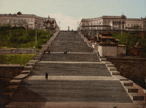 The monumental Potemkin Stairs in Odesa, around 1900.