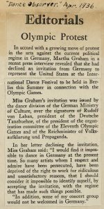 Newspaper article on American dancer Martha Graham’s refusal to take part in a dance competition as part of the 1936 Olympic Games in Berlin. Martha Graham did not take part in the Games as a protest, saying she would find it impossible “to dance in Germany at the present time”.