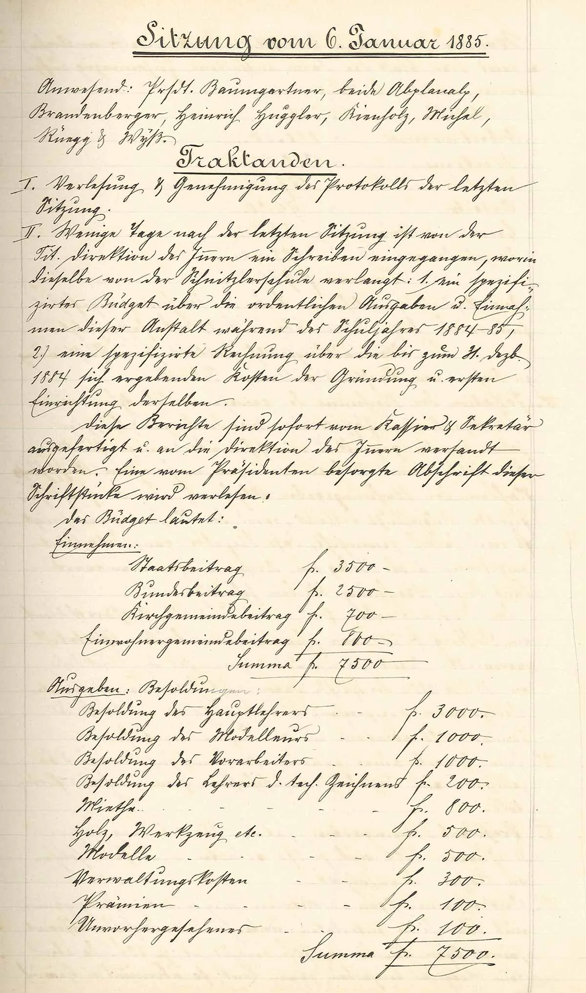 Protokoll der Sitzung des Verwaltungsrats der Schnitzlerschule Brienz vom 6. Januar 1885.