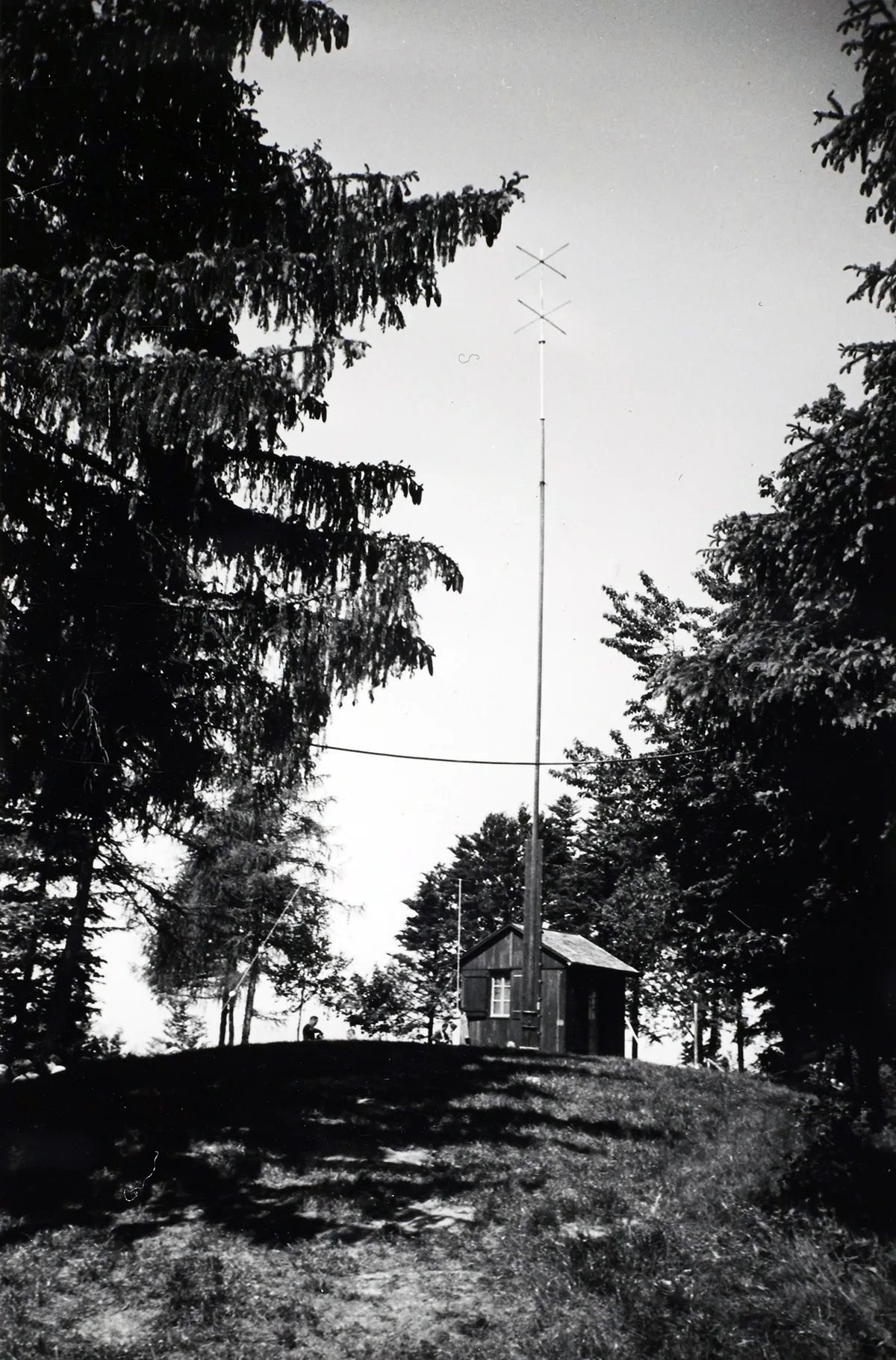 Provisorium für TV-Versuchssendungen auf dem Bantiger von 1954. In der Holzbaracke war die Sendeanlage untergebracht. Die Ausmasse der Antenne sind noch bescheiden. Wenige Monate später erfolgte der Bau des ersten Antennenturms.