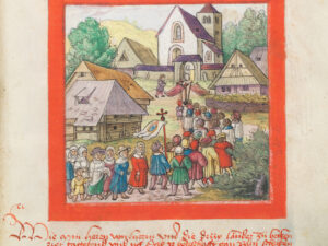 This is what the Marian shrine in Oberbüren may have looked like: led by altar boys with cross and banners, and clergymen in surplices, the faithful move forward in procession. Diebold Schilling, Eidgenössische Chronik.