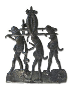 Procession de trois personnages phalliques qui portent une vulve couronnée. Bruges, 1375-1424.