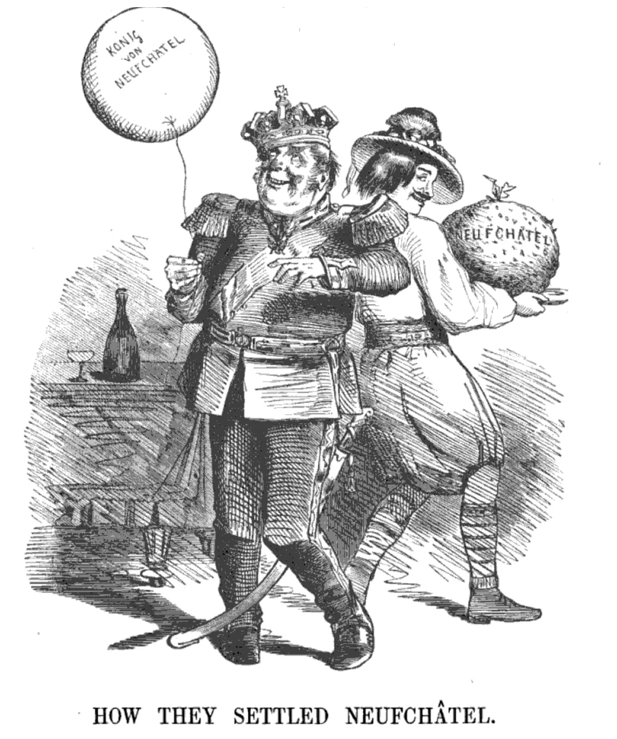 Karikatur im englischen Magazin «Punch» (6.6.1857). Während der Eidgenosse mit der fetten Beute davonschleicht, bleibt dem betrunkenen König nur ein Luftballon.