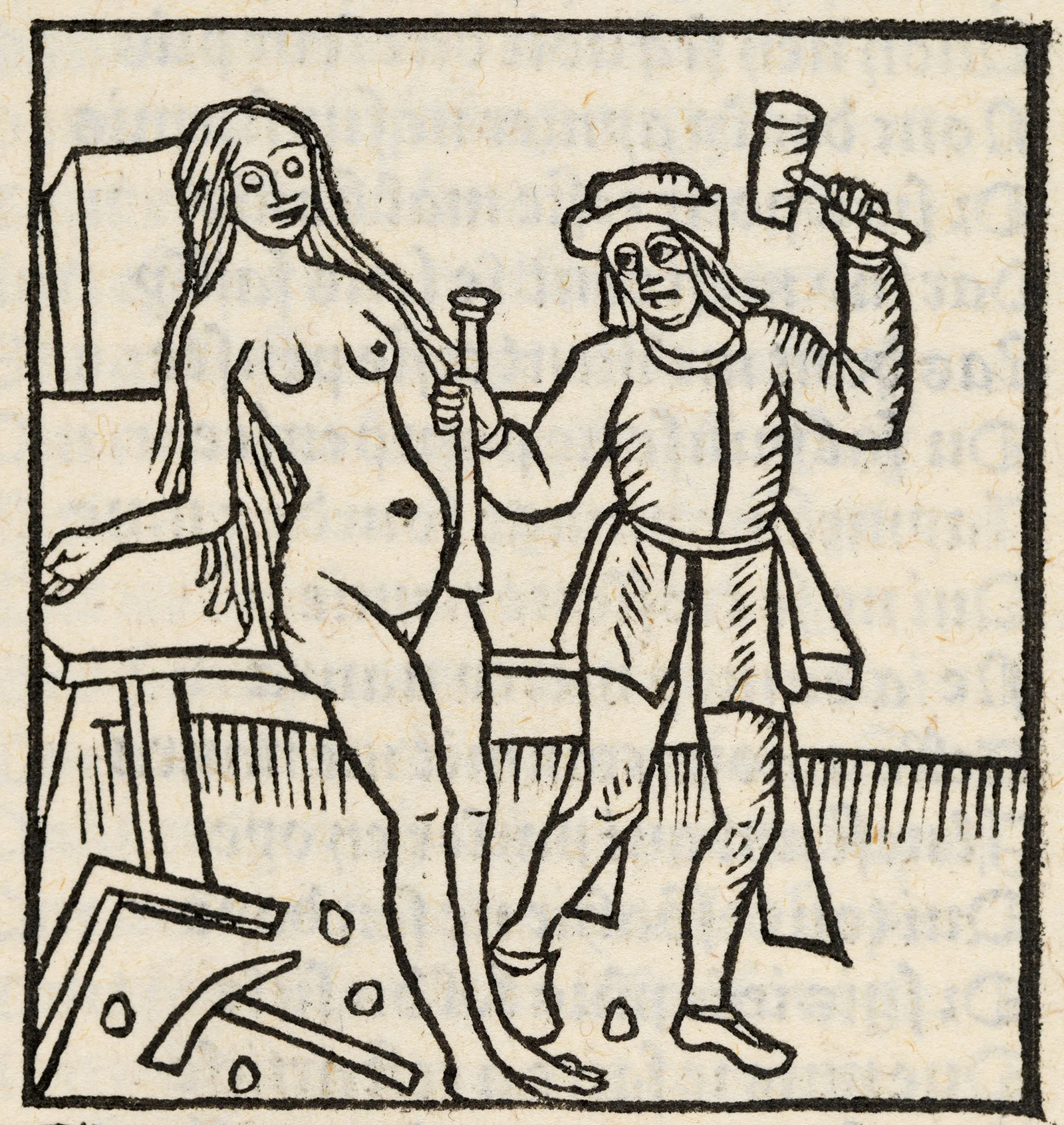 Der Bildhauer Pygmalion schnitzt sich seine Frauenfigur. Holzschnitt aus einer vermutlich in Paris um 1505 gedruckten Ausgabe des Roman de la Rose von Jean de Meun.