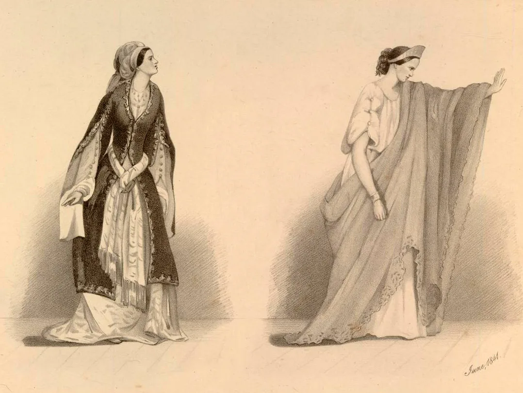 Rachel in den Rollen der Roxane in Bajazet (links) und der Hermione in Andromaque (rechts), Lithografien von 1841.